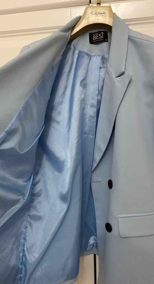 Düğmeli Mavi Kısa Kadın Blazer Ceket - Görsel 2