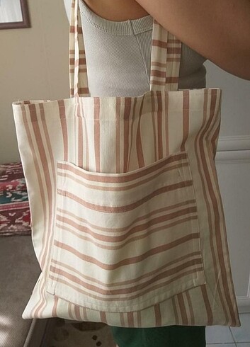 Oysho cizgili keten tote çanta çanta 
