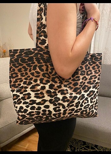 Oysho leopar kanvas tote canta 