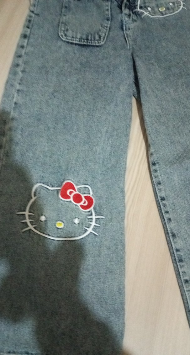 Nakışlı Mavi Geniş Paça Kadın Jean - Görsel 2