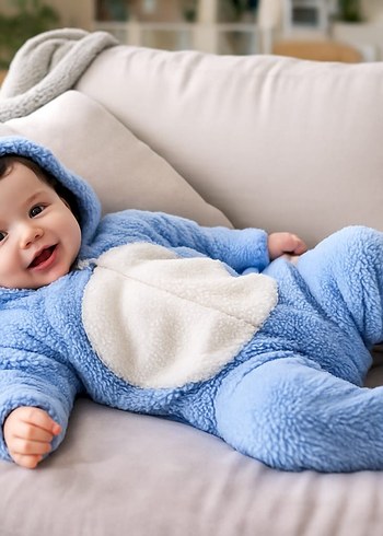 Mavi Peluş Bebek Tulumu Ayıcık Detaylı - Görsel 2