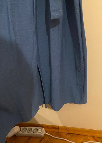 Lacivert Kemerli V Yaka Uzun Keten Elbise - Görsel 3