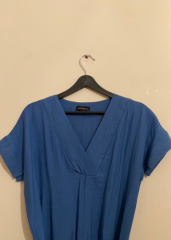 Lacivert Kemerli V Yaka Uzun Keten Elbise - Görsel 2