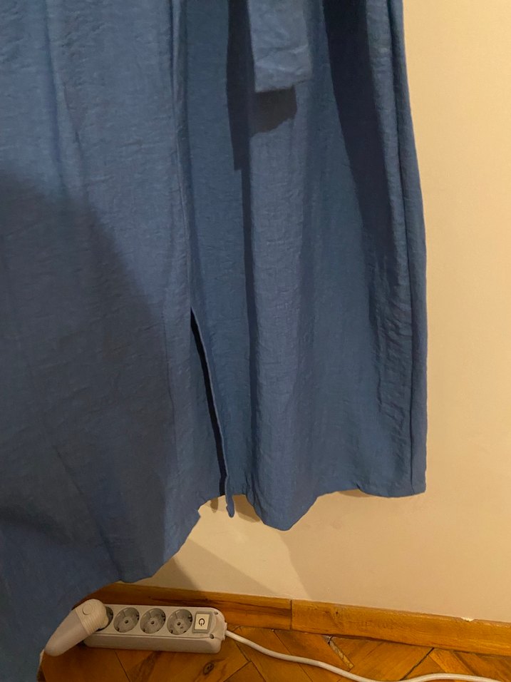 Lacivert Kemerli V Yaka Uzun Keten Elbise - Görsel 3