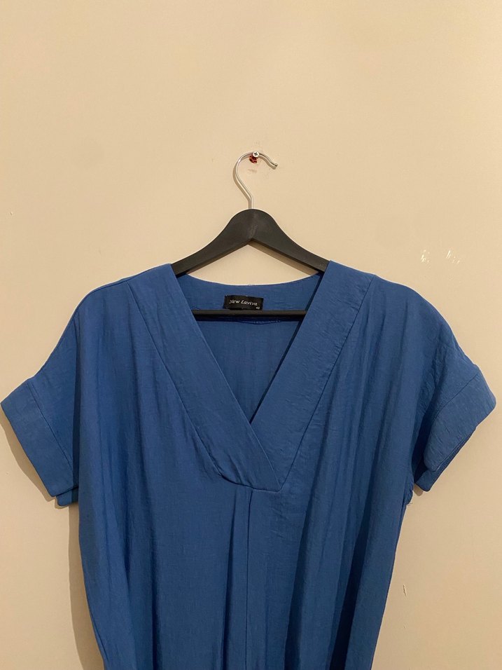 Lacivert Kemerli V Yaka Uzun Keten Elbise - Görsel 2