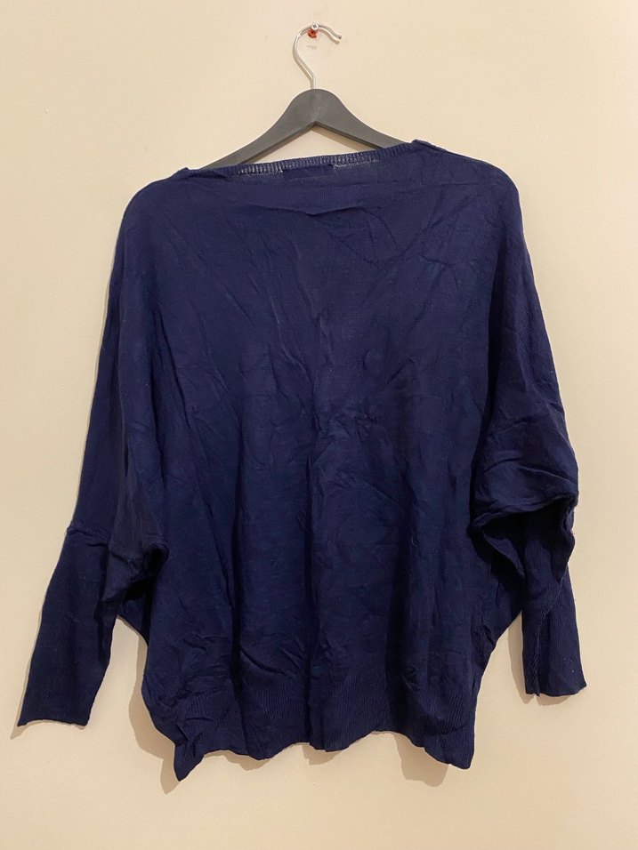 Lacivert V Yakalı Salaş Keten Kadın Kazak - Görsel 2