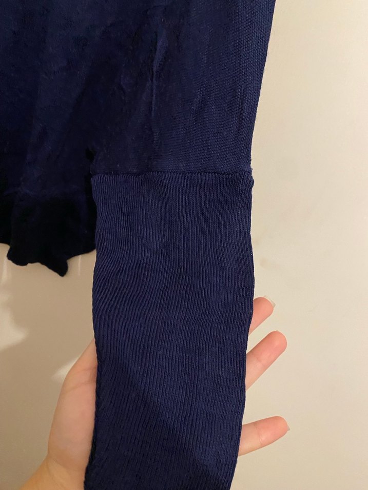 Lacivert V Yakalı Salaş Keten Kadın Kazak - Görsel 4