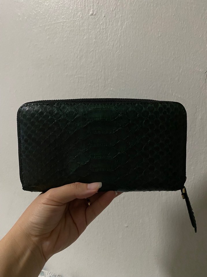 Haki Yeşil Deri Yılan Desenli Fermuarlı Kadın Cüzdanı - Görsel 2