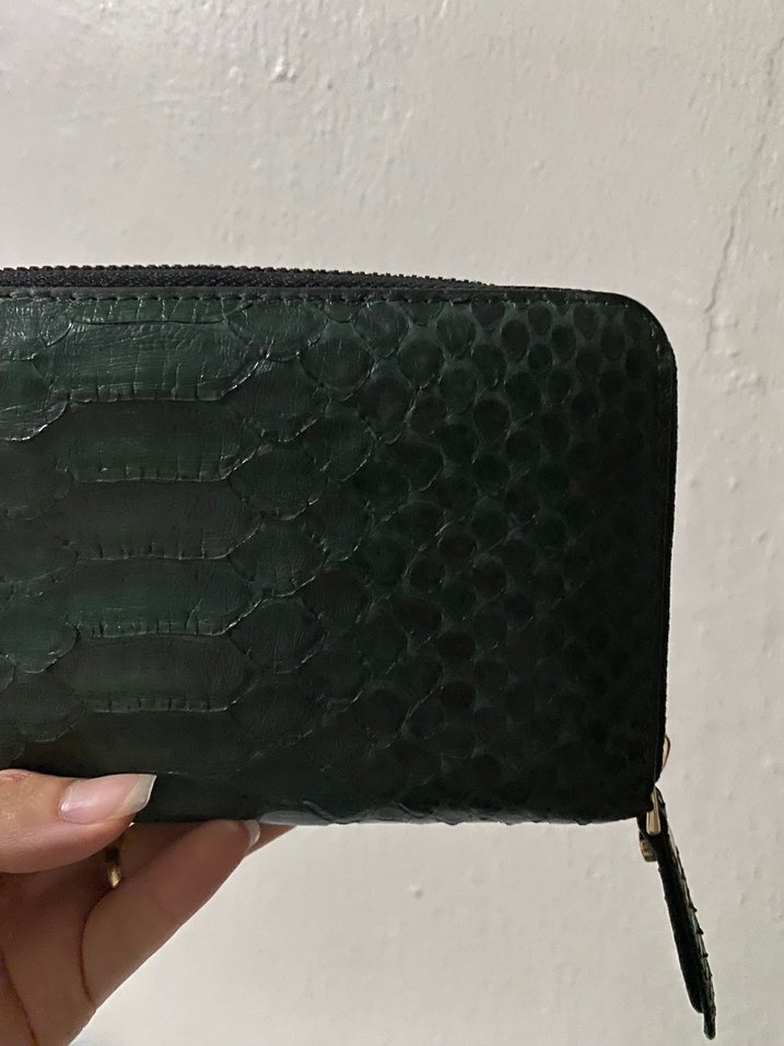 Haki Yeşil Deri Yılan Desenli Fermuarlı Kadın Cüzdanı - Görsel 3