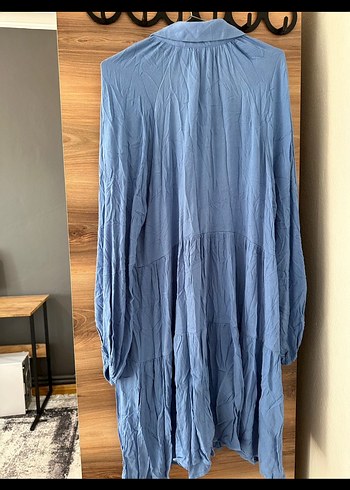 Mavi Uzun Kollu Pliseli Keten Elbise - Görsel 2