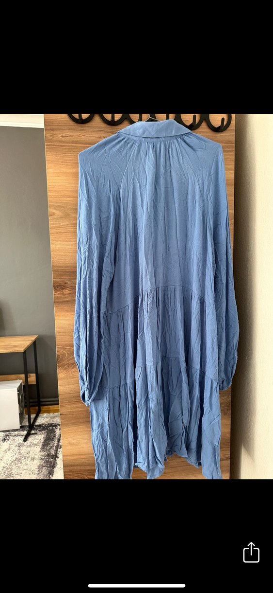 Mavi Uzun Kollu Pliseli Keten Elbise - Görsel 2