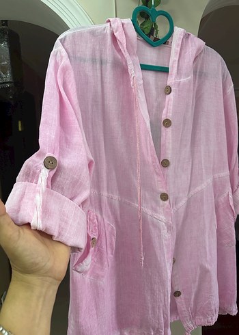 Pembe Keten Düğmeli Uzun Kollu Gömlek