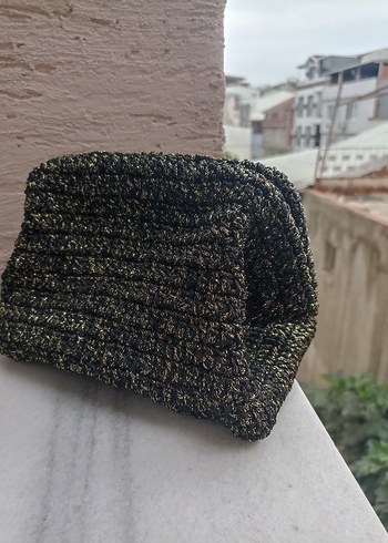 Bohem Tarz Örgü Siyah Sarı Simli Kadın Clutch Çanta - Görsel 2