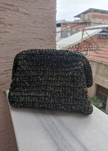 Bohem Tarz Örgü Siyah Sarı Simli Kadın Clutch Çanta - Görsel 4