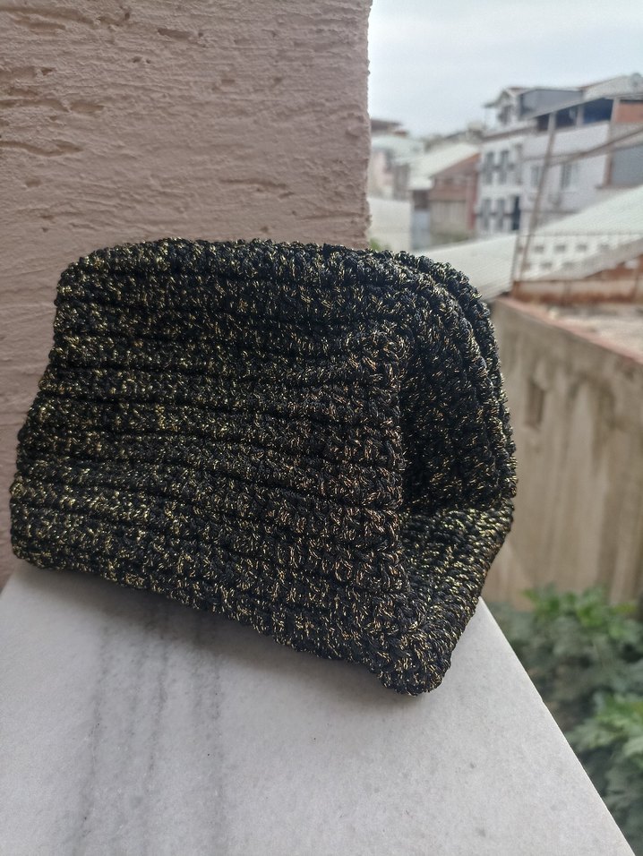 Bohem Tarz Örgü Siyah Sarı Simli Kadın Clutch Çanta - Görsel 2