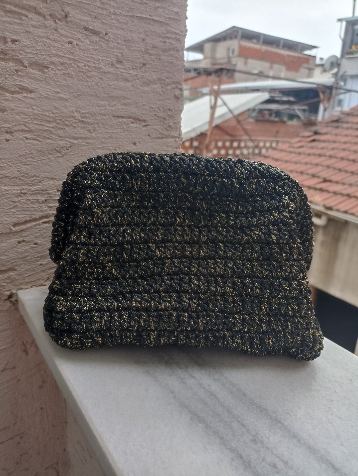 Bohem Tarz Örgü Siyah Sarı Simli Kadın Clutch Çanta - Görsel 3