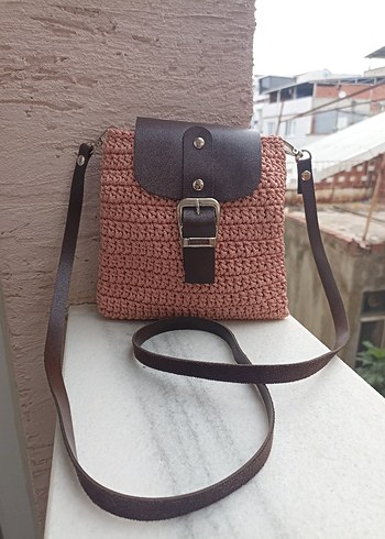 Bohem Tarz Kahverengi PembeÖrgü Kadın Çapraz Çanta - Görsel 2