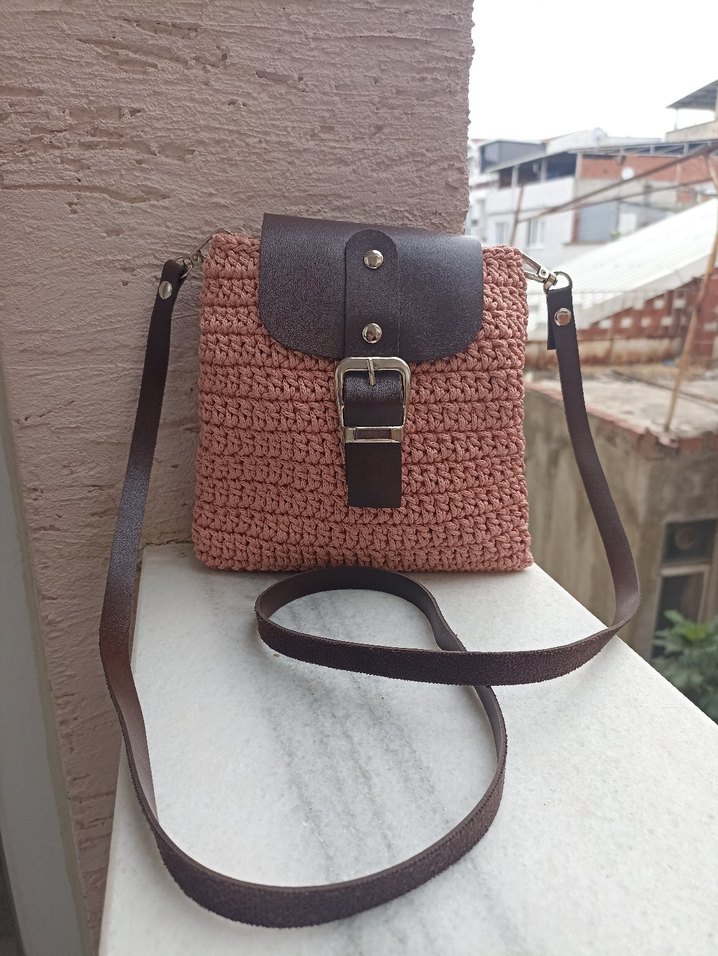 Bohem Tarz Kahverengi PembeÖrgü Kadın Çapraz Çanta - Görsel 3