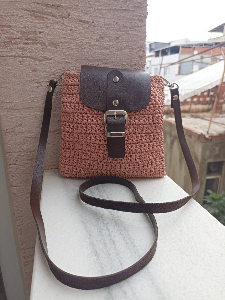Bohem Tarz Kahverengi PembeÖrgü Kadın Çapraz Çanta - Görsel 2