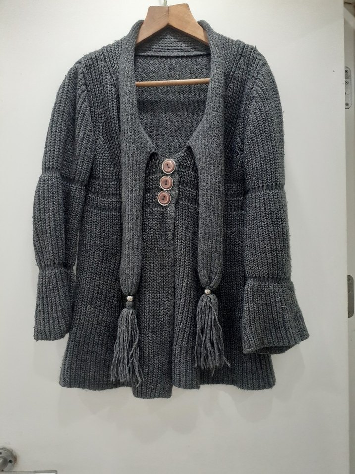 Gri Bohem Midi Triko Hırka - Görsel 2