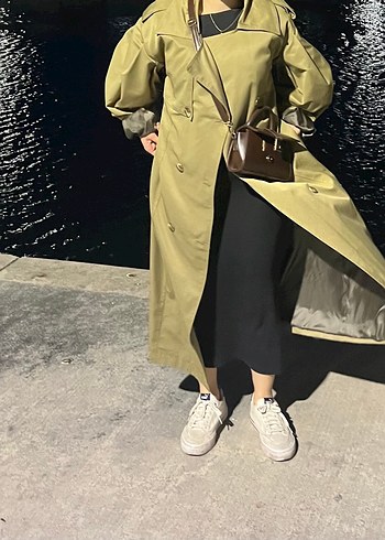 Haki Kadın Uzun Kuşaklı Trençkot