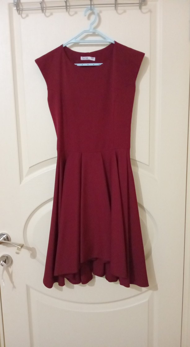 Bordo Kolsuz Midi Pilili Kadın Elbise - Görsel 2