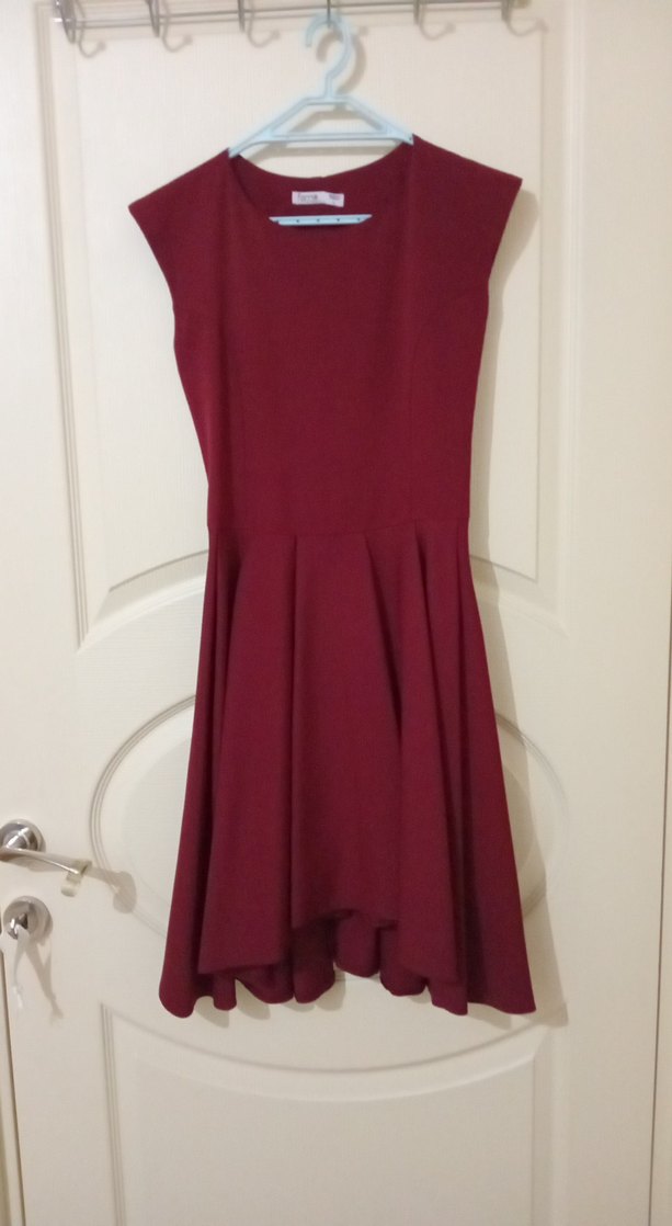 Bordo Kolsuz Midi Pilili Kadın Elbise - Görsel 3