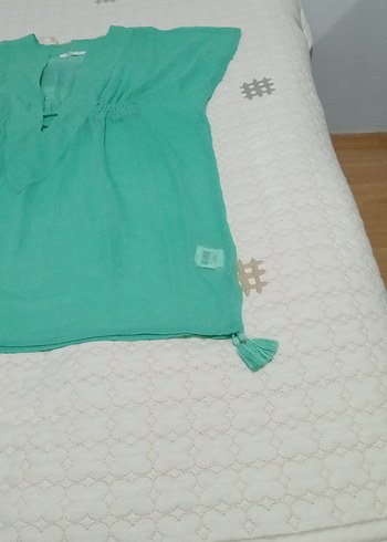 Kız Çocuk Turkuaz Keten Püsküllü Panço - Görsel 3