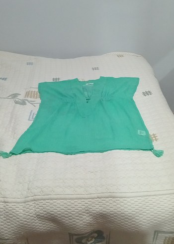 Kız Çocuk Turkuaz Keten Püsküllü Panço - Görsel 2