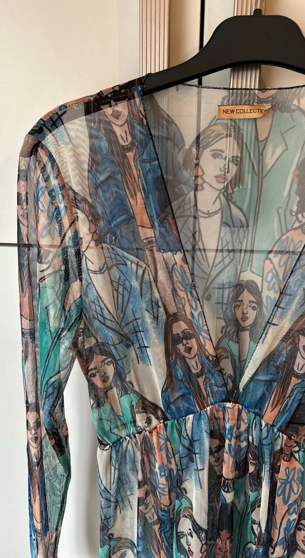 Bohem V Yaka Baskılı Uzun / şifon / tül elbise - Görsel 3