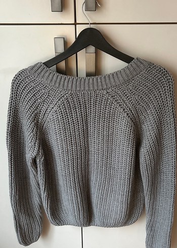 Gri V Yaka Örgü Kadın Kazak - Görsel 3