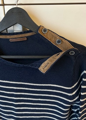 Düğmeli Lacivert Çizgili Kadın Kazak - Görsel 2