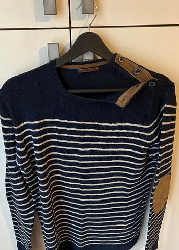 Düğmeli Lacivert Çizgili Kadın Kazak - Görsel 3