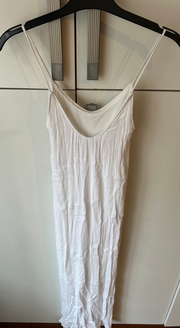 Beyaz Keten V Yaka Uzun Elbise . İçi astarlı , iç göstermez . - Görsel 2