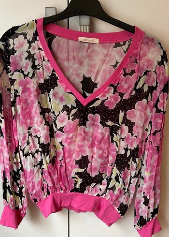 Pembe V Yakalı Uzun Kollu Kadın Bluz - Görsel 3