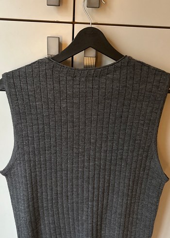 Düğmeli V Yaka Gri Kot Kadın Süveter - Görsel 3