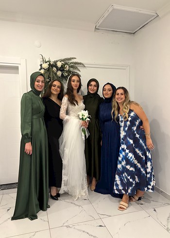 Abiye Uzun Kol Detaylı Lacivert Etnik Desen Elbise abiye