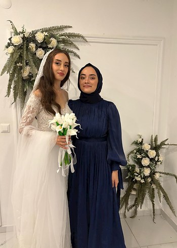 40 Beden mavi Renk Uzun Kol Detaylı Lacivert Etnik Desen Elbise abiye