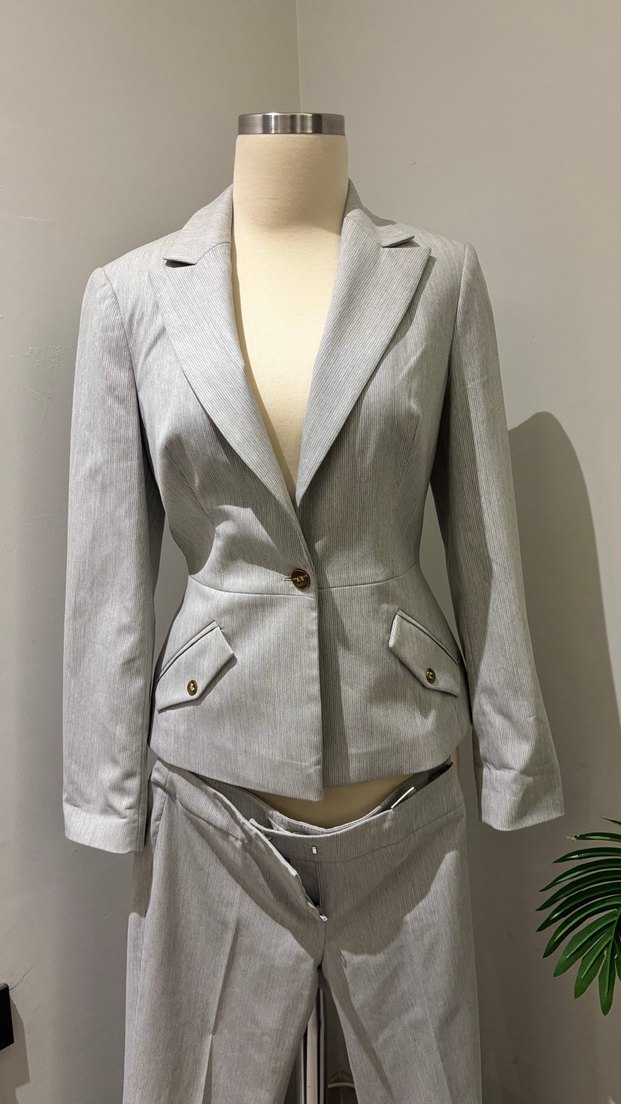 Gri Keten Kadın Blazer Ceket takım - Görsel 2