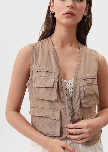 Bej Keten Kadın Yelek Cepli - Görsel 2