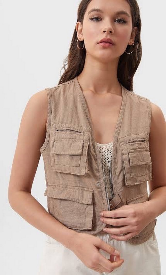 Bej Keten Kadın Yelek Cepli - Görsel 2