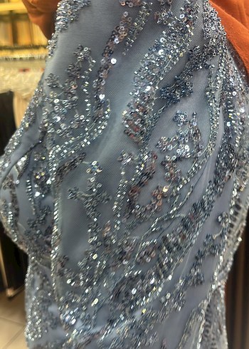 Uzun Kollu İpek Görünümlü Drape Mavi Abiye - Görsel 4