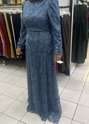 Uzun Kollu İpek Görünümlü Drape Mavi Abiye - Görsel 2