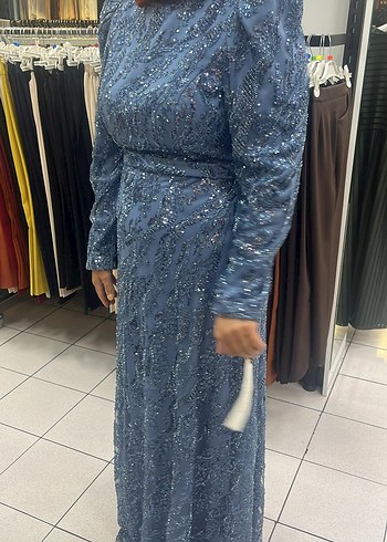 Uzun Kollu İpek Görünümlü Drape Mavi Abiye - Görsel 3