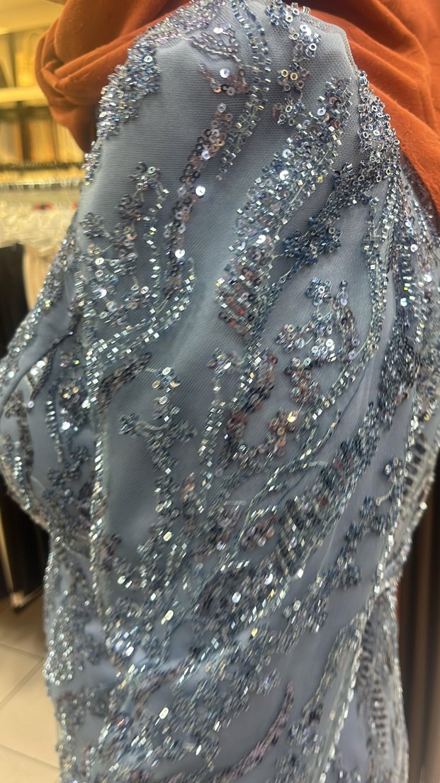 Uzun Kollu İpek Görünümlü Drape Mavi Abiye - Görsel 4