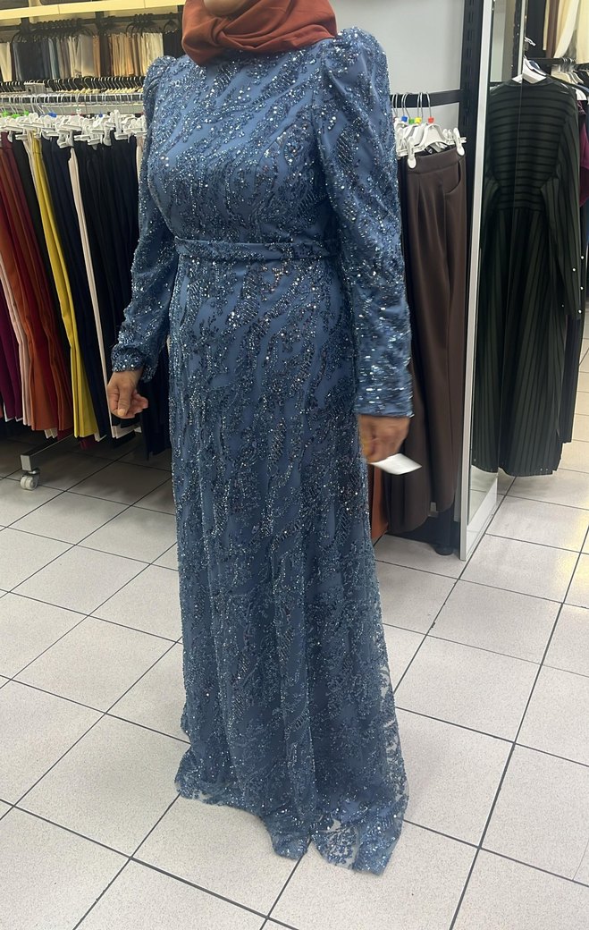 Uzun Kollu İpek Görünümlü Drape Mavi Abiye - Görsel 2