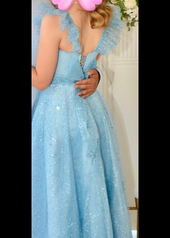 Mavi Nakışlı Transparan Uzun Abiye Elbise - Görsel 5