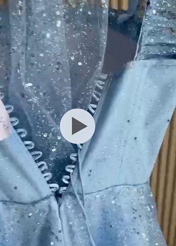 Mavi Nakışlı Transparan Uzun Abiye Elbise - Görsel 7