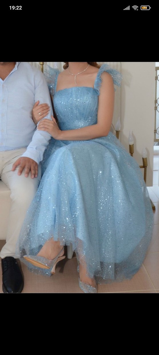 Mavi Nakışlı Transparan Uzun Abiye Elbise - Görsel 3