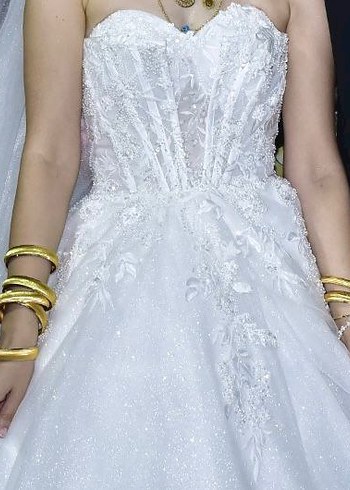 Straplez Işıl Işıl Prenses Gelinlik Uzun Beyaz - Görsel 3